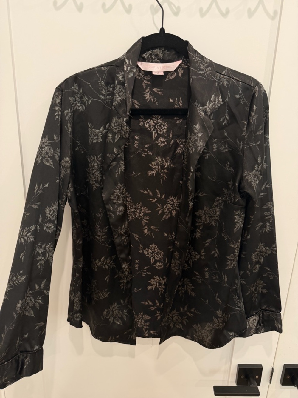 Victoria's Secret Black Floral Satin button up sleep shirt